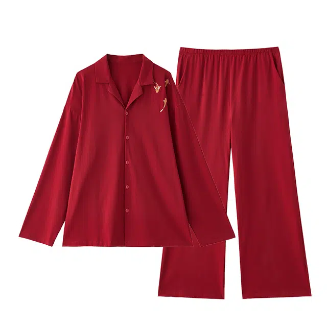 俏薇妮 结婚新婚春秋简约舒适纯棉刺绣长袖睡衣套装 男款