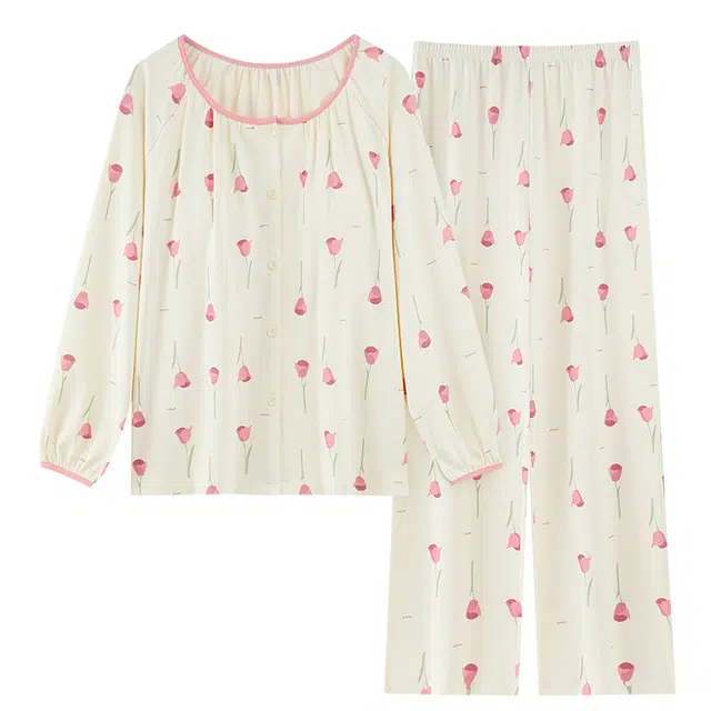 莫代尔 春秋季轻柔透气个性纯棉圆领开衫休闲百搭长袖长裤家居服可外穿女士睡衣套装 女款