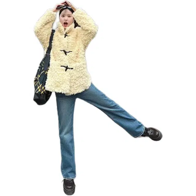 邓大喵 冬季羊羔长款外套加厚牛角扣保暖上衣毛毛大衣环保女皮草 女款