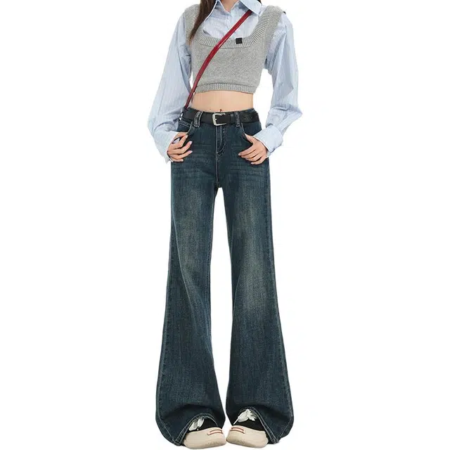 如续 美式复古水洗微喇不贴腿辣妹垂感百搭牛仔裤 女款