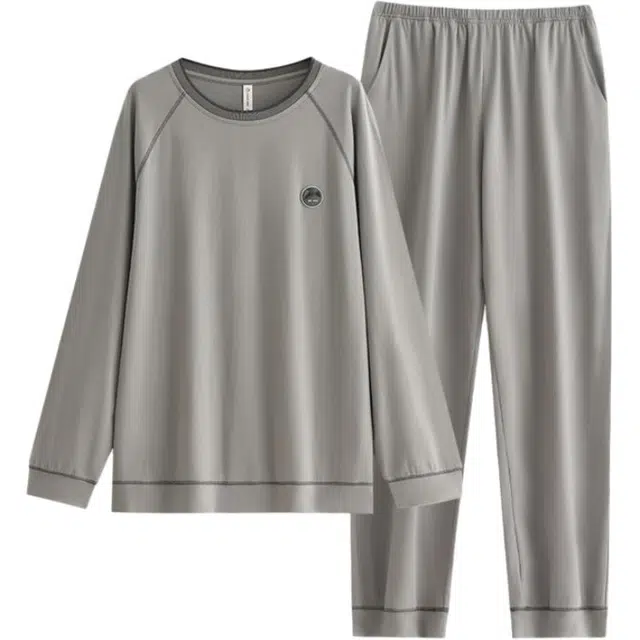 浮光岛屿 圆领简约舒适长袖上衣纯色松紧腰长裤睡衣套装 礼盒装 男款 灰色