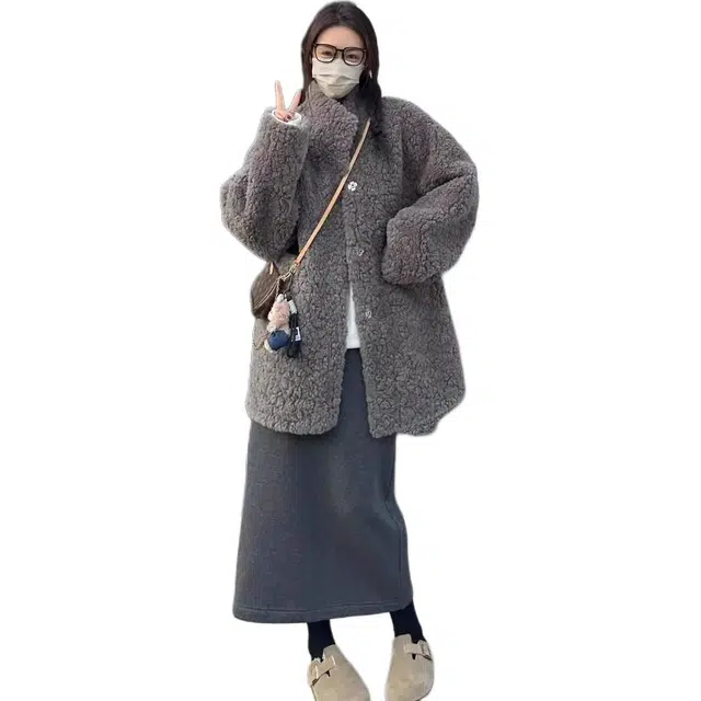 邓大喵 秋冬季慵懒感中长款仿皮毛一体外套女宽松环保毛上衣皮草 女款