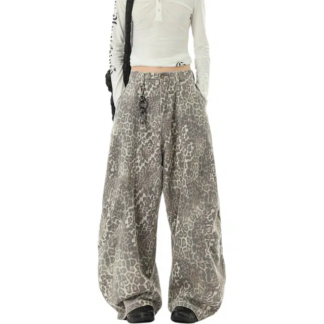 佐菲利 美式复古水洗懒惰风松弛感豹纹宽松阔腿弯刀裤子休闲裤 男女同款