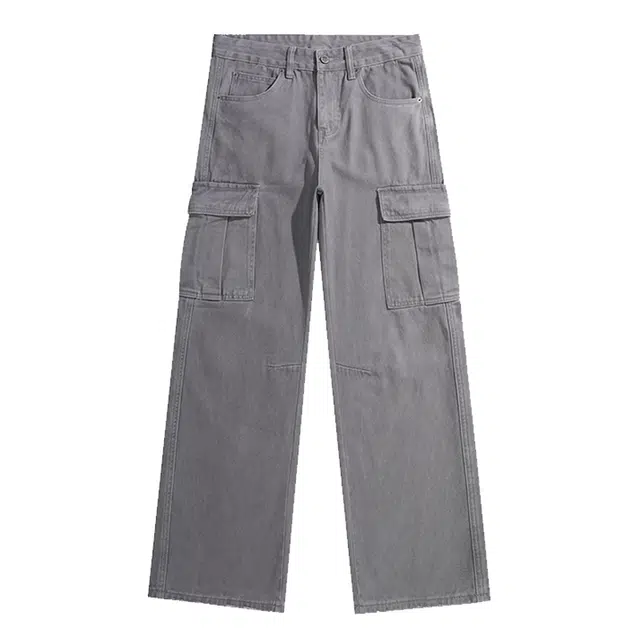 米素力 直筒宽松阔腿纯色工装中腰牛仔裤 男款