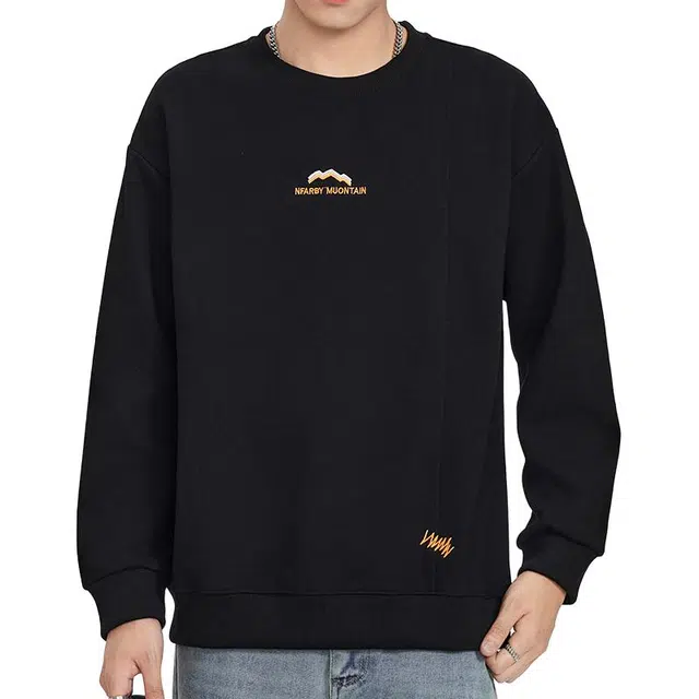 协协乐 美式潮牌秋冬季纯色圆领套头时尚刺绣重磅秋季休闲打底衫长袖上衣小众设计款卫衣 男款