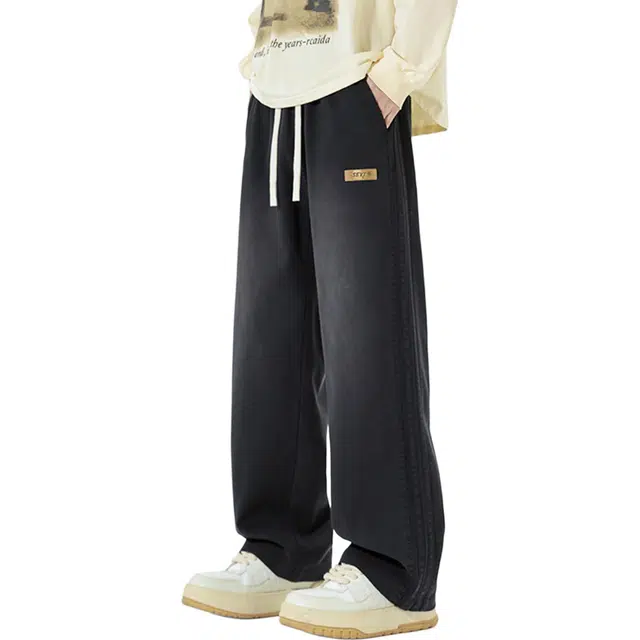 瑞梵帝斯 春秋季透气美式复古做旧水洗高街潮牌阔腿宽松柔软舒适亲肤直筒青少年抽绳痞帅百搭运动休闲时尚长裤牛仔裤 男款