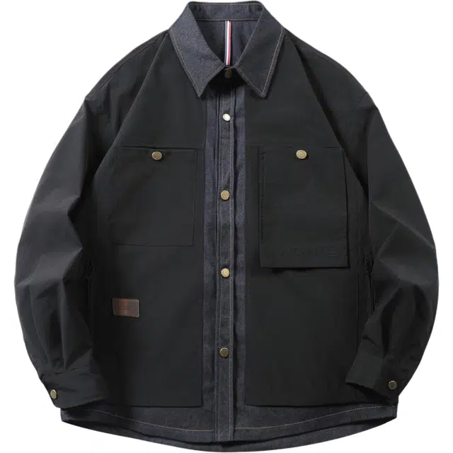 希越 轻户外假两件牛仔拼接设计潮牌翻领外套美式工装夹克 男款