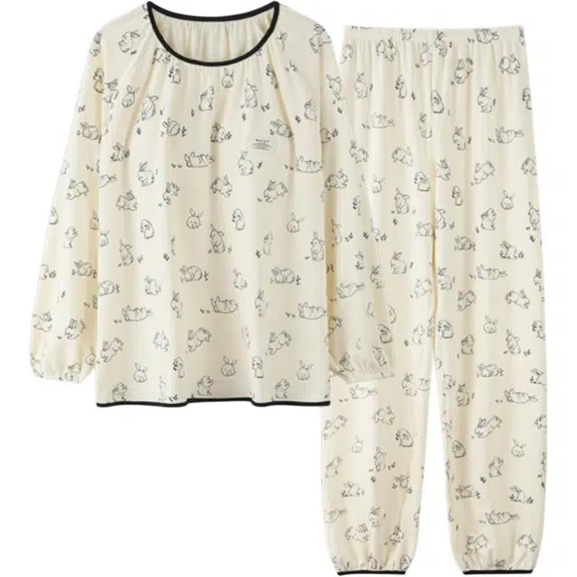 浮光岛屿 简约动物图案圆领带胸垫高级感长袖长裤舒适亲肤透气可外穿休闲睡衣套装 女 礼盒款 米白色