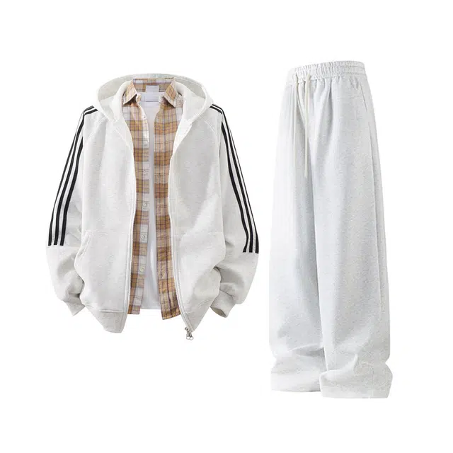 素杭 美式复古重磅经典撞色织带条纹连帽卫衣开衫外套搭配基础纯色百搭直筒阔腿长裤两件套潮流宽松加绒加厚休闲运动套装 男女同款