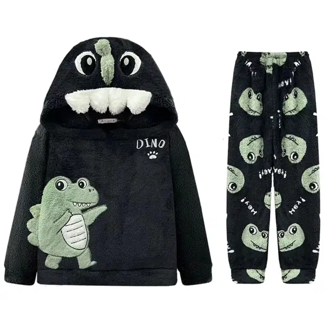 俏韵 连帽卡通恐龙冬季加绒保暖长袖长裤甜美印花可爱舒适家居服可外穿睡衣套装 男女同款