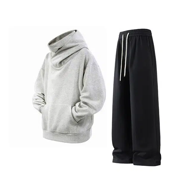 素杭 美式高街重磅结构防风堆堆领高领连帽套头卫衣外套搭配基础纯色直筒松紧腰长裤两件套潮流宽松加绒加厚休闲运动套装 男女同款