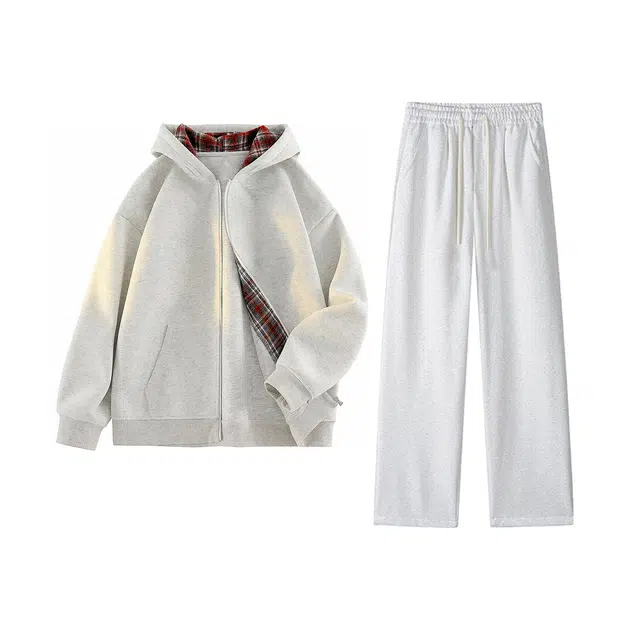 素杭 美式重磅格子连帽假两件开衫卫衣外套搭配基础纯色松紧腰直筒阔腿两件套潮流宽松加绒加厚休闲运动套装 男女同款