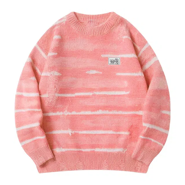 吾皇猫 美式复古高街简约基础款学院风圆领套头针织上衣潮流潮牌长袖贴布满印破洞打底衫休闲宽松时尚百搭痞帅慵懒风秋冬款毛衣 男女同款