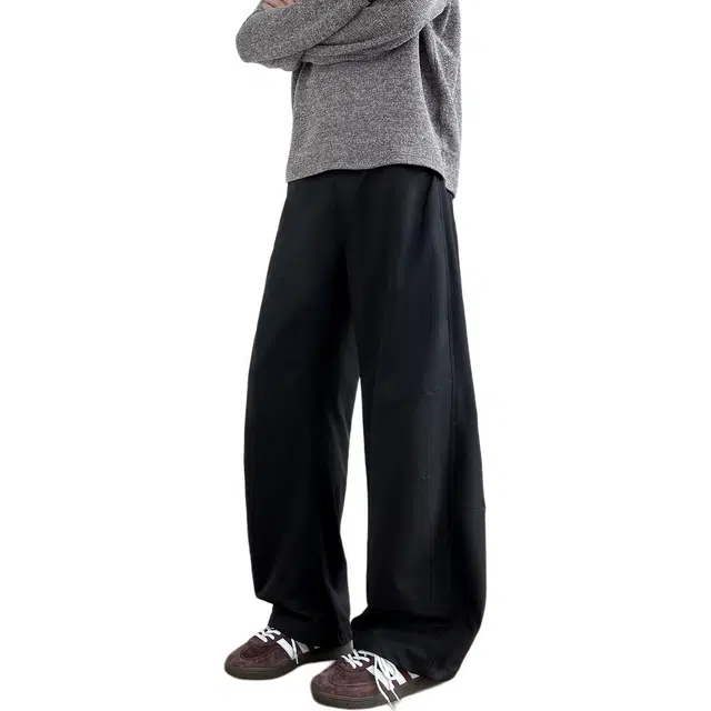 颂希尔 美式高街潮流潮牌百搭纯色基础款弯刀褶皱休闲裤 男女同款