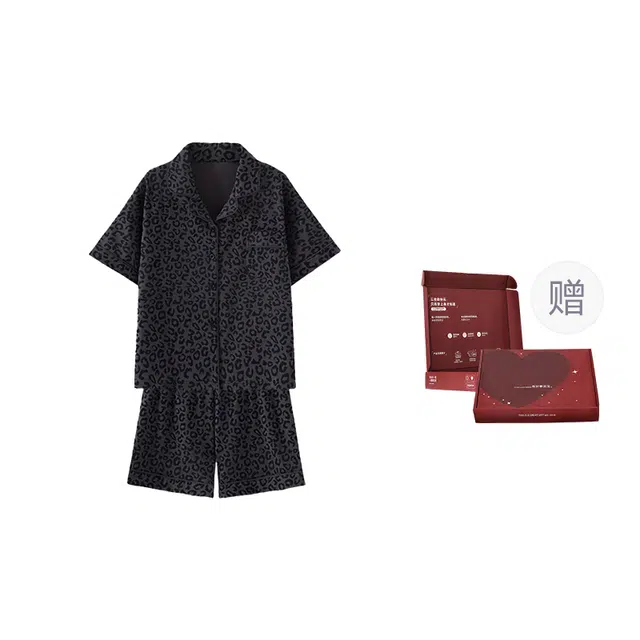 静英鸾 夏季女短袖舒适简约翻领设计豹纹开衫可外穿家居服睡衣礼盒 女款