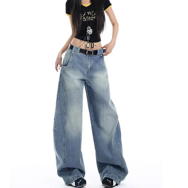 如续 美式复古水洗做旧休闲弯刀长裤宽松舒适阔腿拖地通勤牛仔裤 女款