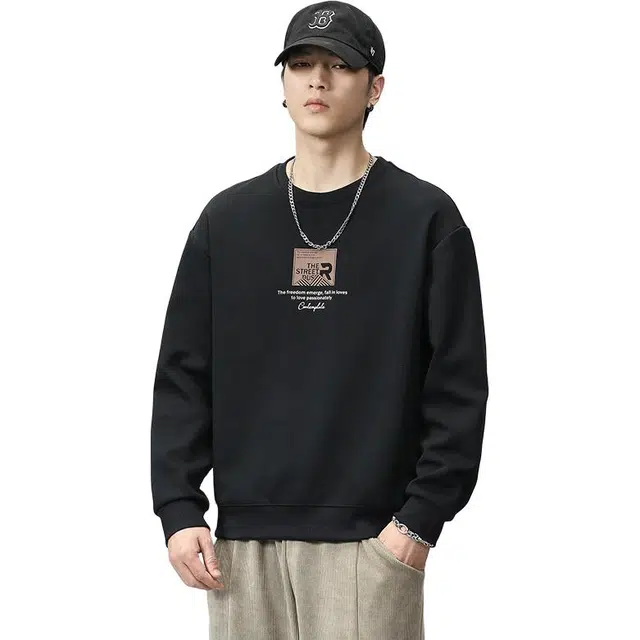 么宁 秋冬季个性印花圆领长袖宽松上衣简约百搭舒适透气内搭打底衫时尚保暖卫衣 男女同款