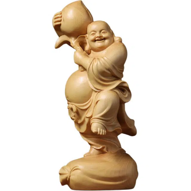 得笙陌 精雕抱桃弥勒佛献桃笑佛像桌面贺寿#好运 黄杨木 摆件 男女同款情侣款