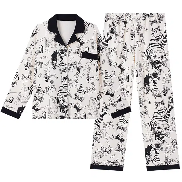 俏佳人 带胸垫开衫翻领卡通猫咪满印休闲宽松家居服舒适透气长袖长裤睡衣套装 女款