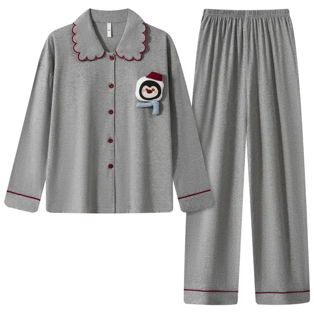 宫蝶 小企鹅纯棉长袖抗菌家居服休闲可外穿宽松开衫睡衣套装 女款