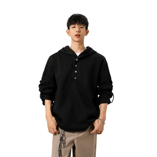 加荣 半排扣连帽卫衣男秋季美式宽松慵懒风休闲外套春高级感百搭套头男装复古潮牌小众设计感帅气体恤男上衣 男女同款