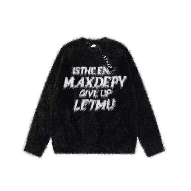 艾梵斯贝 美式复古潮流秋冬海马毛字母挑染设计款高街风潮酷个性时尚街头日常通勤百搭宽松休闲高级感无性别情侣款针织衫 男女同款