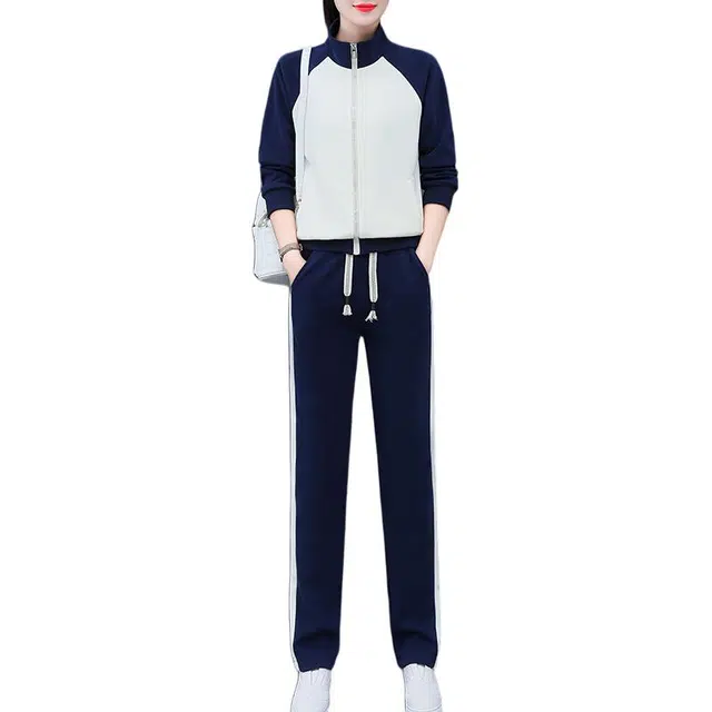 缪斯的诱惑 美式复古风拼色拉链立领开衫外套百搭直筒长裤两件套高级感优雅知性气质显高显瘦洋气减龄简约舒适春秋时尚卫衣运动休闲套装 女款