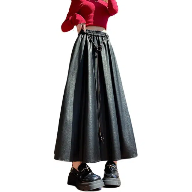 淑好百 学院风百搭显瘦宽松型皮长裙 女款