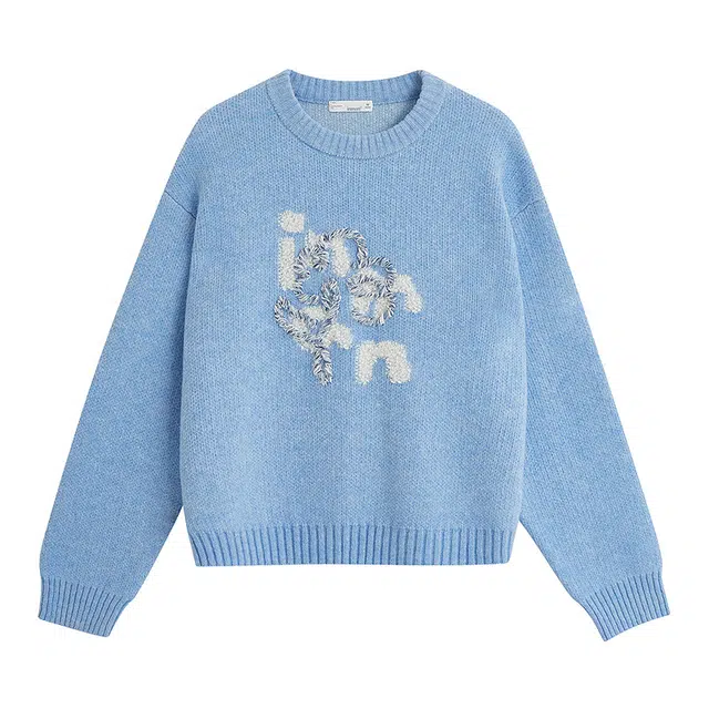 茵曼 简约浮雕毛巾绣圆领宽松保暖长袖针织衫 女款