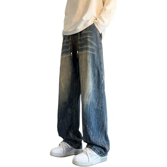 左岸 春秋季青少年美式复古水洗做旧时尚潮流宽松舒适休闲直筒阔腿裤显高显瘦长裤牛仔裤 男款
