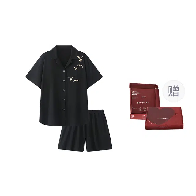 静英鸾 简约休闲风短袖短裤翻领设计开衫可外穿家居服睡衣礼盒 女款