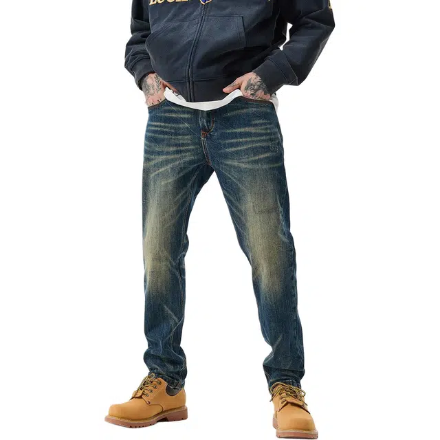 逆腾 秋季染长裤男美式修身直筒男裤复古重工水洗小脚牛仔裤 男款