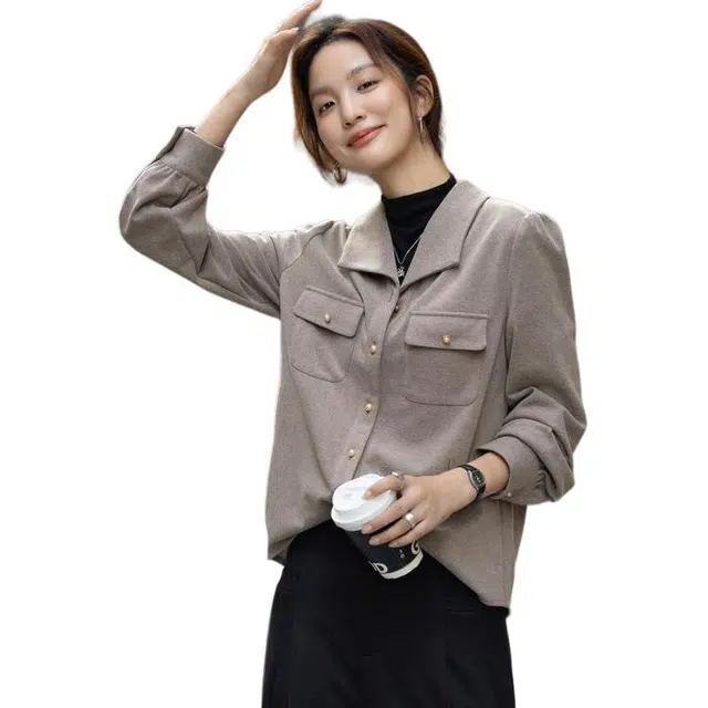 【dme】 冬季气质通勤翻领袋盖纽扣宽松小个子休闲随性上衣舒适显瘦简约纯色潮流复古风高级感长袖衬衫 女款