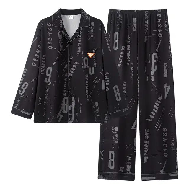 宫蝶 冰丝长袖宽松休闲家居服字母满印可外穿开衫大码睡衣套装 男款