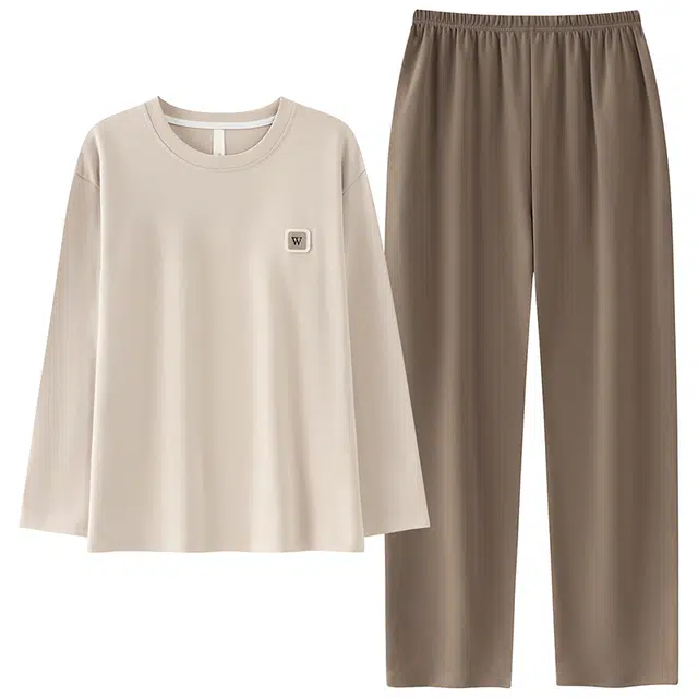 俏佳人 纯棉套头圆领休闲宽松可外穿家居服纯色柔软亲肤舒适透气长袖长裤睡衣套装 男款