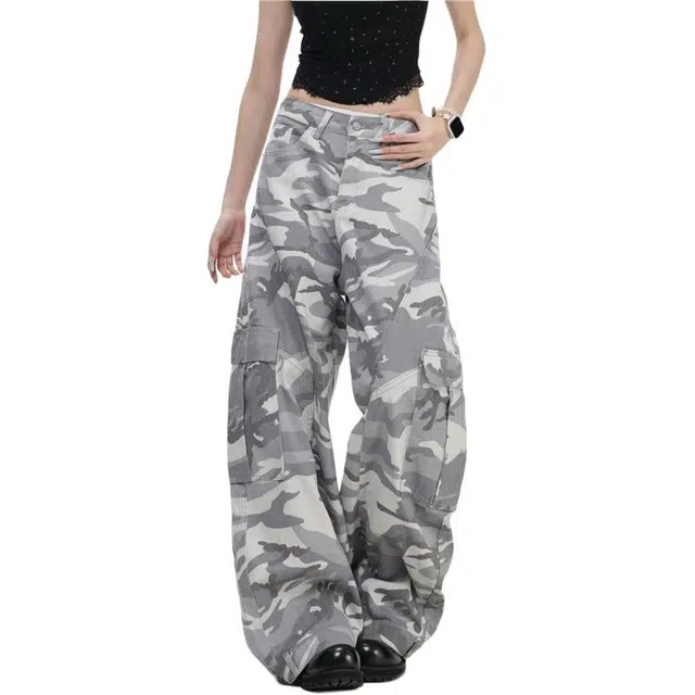 思蓓儿 美式高街迷彩微弯刀女春秋季宽松显瘦显高牛仔裤 女款