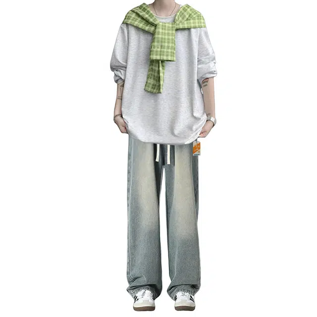 北欧攻略 秋冬季韩系慵懒风松弛感潮流格子披肩假两件圆领卫衣男装一套穿搭免搭配宽松大码显瘦痞帅学院风休闲运动套装  男女同款