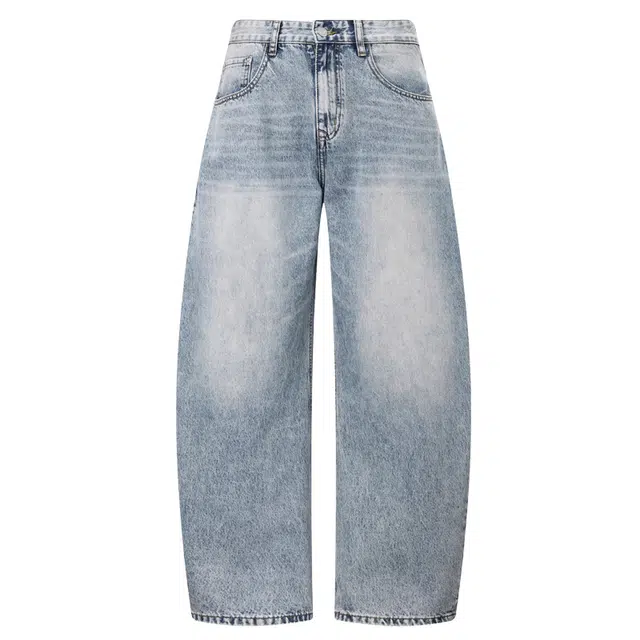 米素力 水洗做旧男士直筒纯色宽松休闲中腰牛仔裤 男女同款