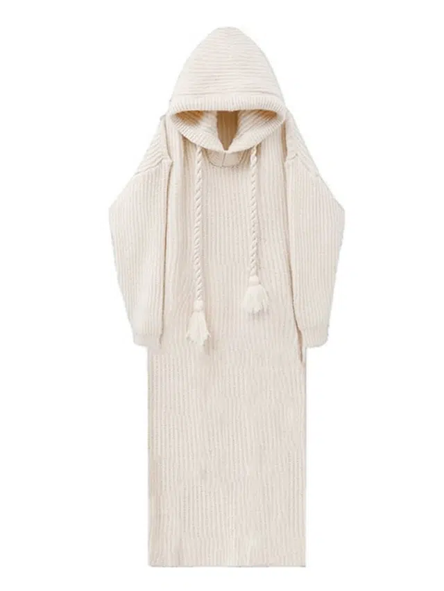 小卷要加油 慵懒风连帽长袖针织连衣裙女秋冬遮肚子显瘦长款过膝裙子卫衣 女款