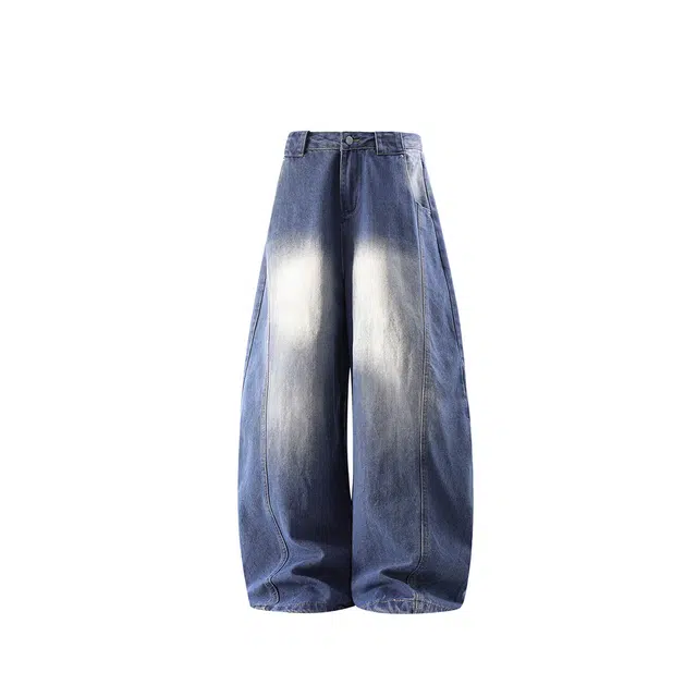 梓润格 校园风美式高街设计感宽松无性别主义老钱风舒适休闲时尚个性户外运动百搭氛围高级炸街学院复古水洗解构大码弯刀牛仔裤 男女同款