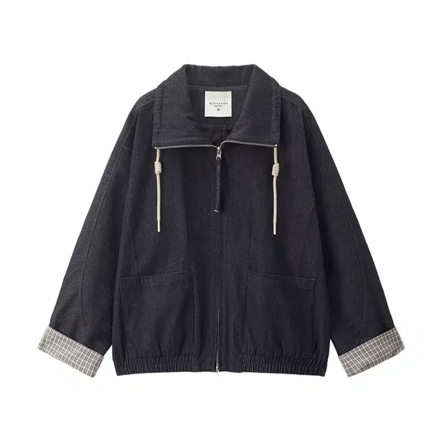 佐丹奴 抽绳翻领拼接格纹袖里宽松牛仔外套 女款