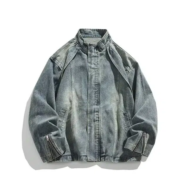 一碗士多 美式做旧水洗拼接设计感袖口拉链复古百搭小众个性拍照通勤日常户外时尚痞帅立领牛仔夹克 男女同款