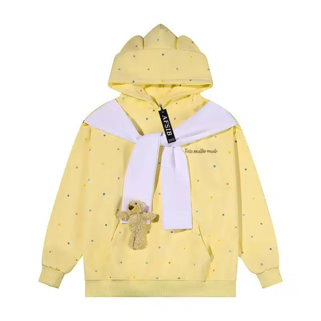 艾梵斯贝 美式复古潮流刺绣波点韩版披肩假两件甜酷风个性时尚无性别日常通勤百搭宽松休闲学院风可爱情侣款开衫连帽卫衣 男女同款