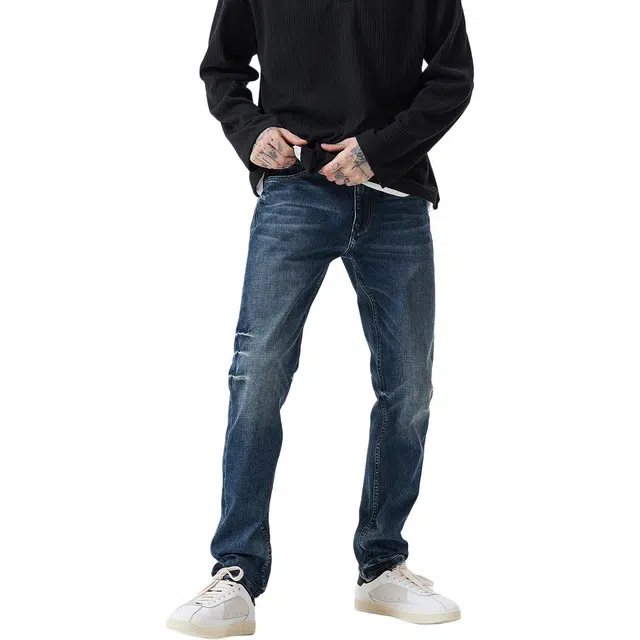 逆腾 秋季复古长裤男美式莱卡修身裤子男士直筒商务通勤小脚牛仔裤 男款