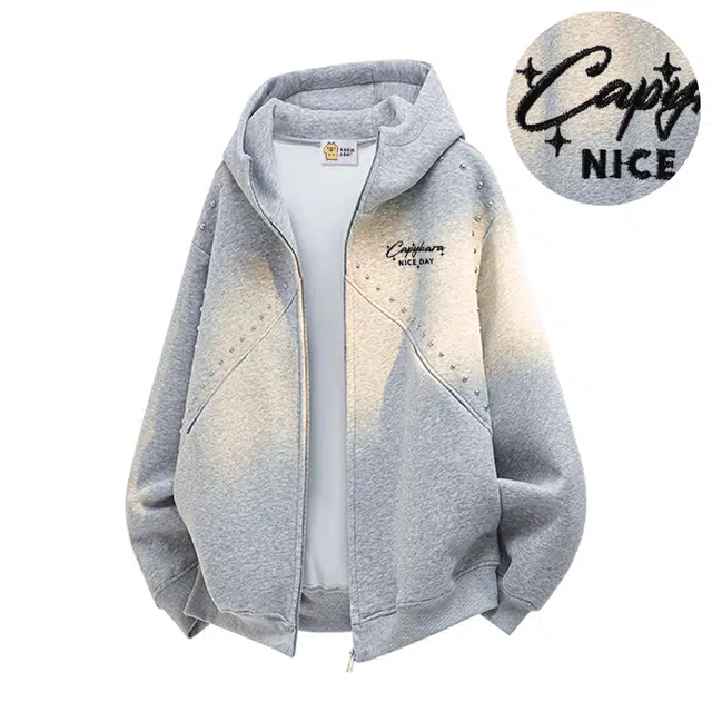 卡皮巴拉小黄豚 美式潮流高街铆钉分割解构设计仿刺绣字母印花嘻哈街头痞帅情侣时尚宽松休闲百搭慵懒显瘦垂感柔软舒适通勤开衫连帽卫衣 男女同款