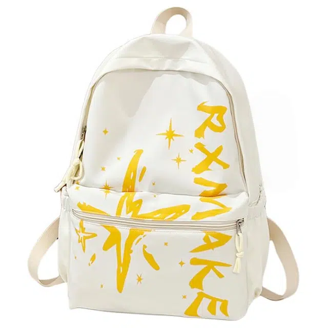 南潇湘 涂鸦通勤旅行清新轻便高颜值大容量背包上课百搭书包 尼龙 双肩包 常规 男女同款情侣款 黄色/粉色/蓝色/浅棕色