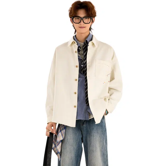 拓菲 涂鸦长袖衬衣男美式高级感翻领上衣秋季休闲外套衬衫 男女同款