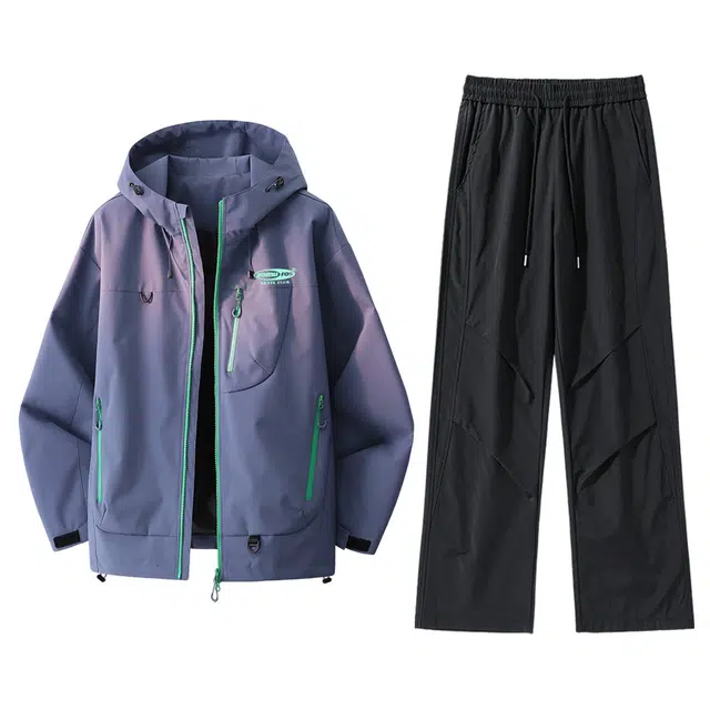 美式高街复古街头小众设计感宽松山系户外防风防水撞色拼接连帽夹克日常百搭直筒系带褶皱休闲运动长裤  冲锋衣裤套装  男女同款