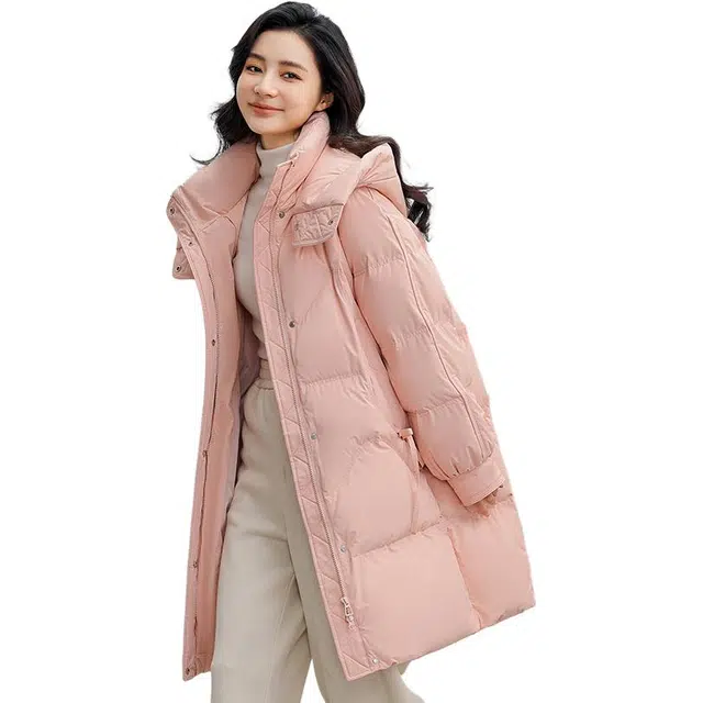 鸭鸭 连帽加厚中长款纯色拉链羽绒服 女款