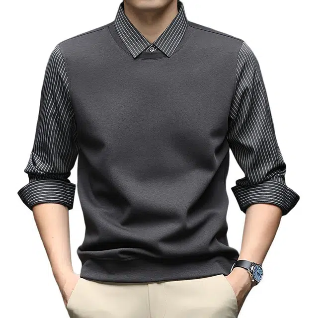 卡丹狄诺 长绒棉秋季衬衫领假两件打底衫男休闲百搭舒适透气卫衣男轻奢秋冬季长袖圆领针织衫 男款